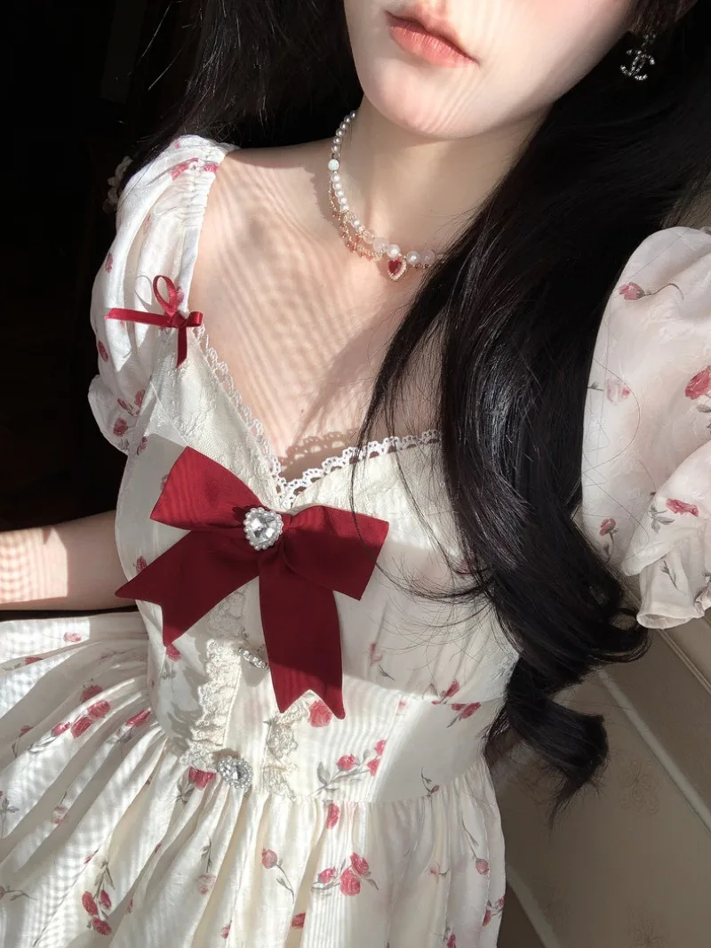 Sweet bow Dress Women V Neck Kawaii Lace Trim Mini Dress New 2024 French Floral A-line Princess Dress Elegant Party Dresses