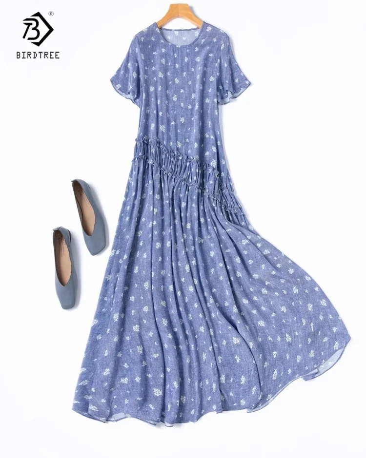 

Birdtree Women's 100% Silk Dress,Double Crepe Flying Sleeve Floral Print Slanted Waistline Long Skirt,2025 New D55816JF