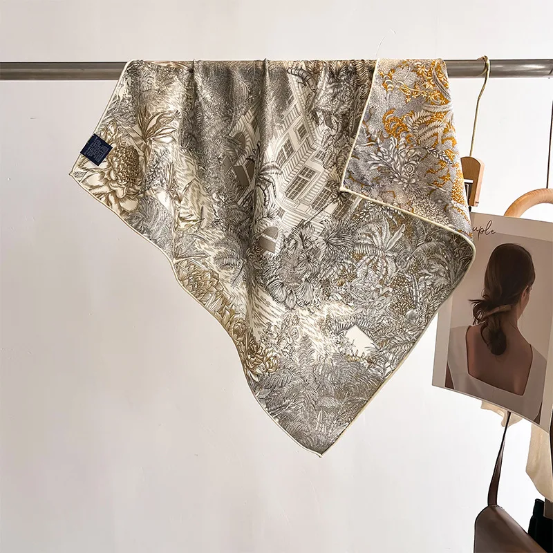30% MULBERRY SILK 70% WOOL 65CM Square Scarf Double Sided Different Print Vintage Golden Floral Bird Neck Shawl Luxury Accessory view 2