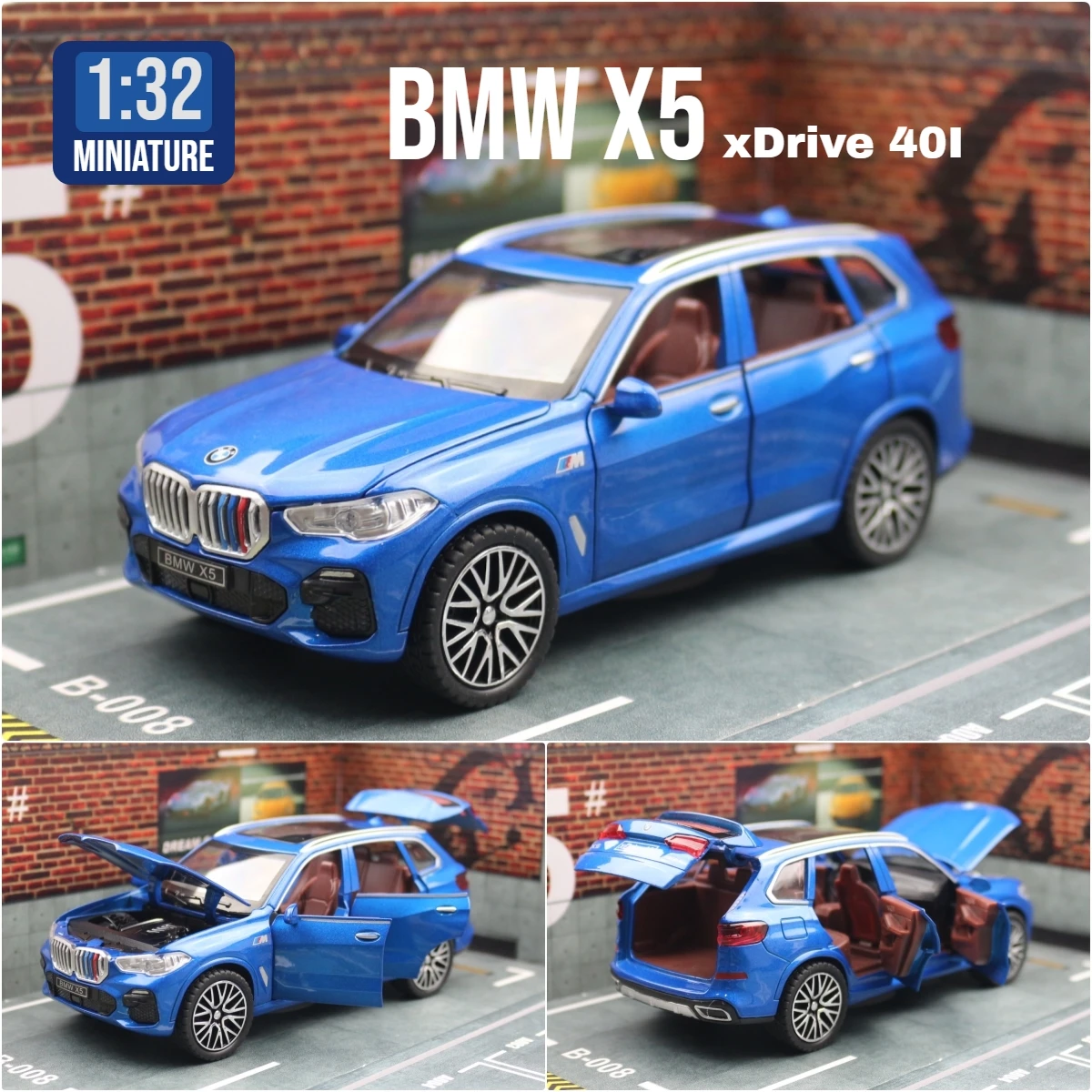 1/32 BMW X5 SUV Toy Car Model Diecast Metal Vehicle Miniature Sound & Light Pull Back Collection Gift for Children Boys Kid