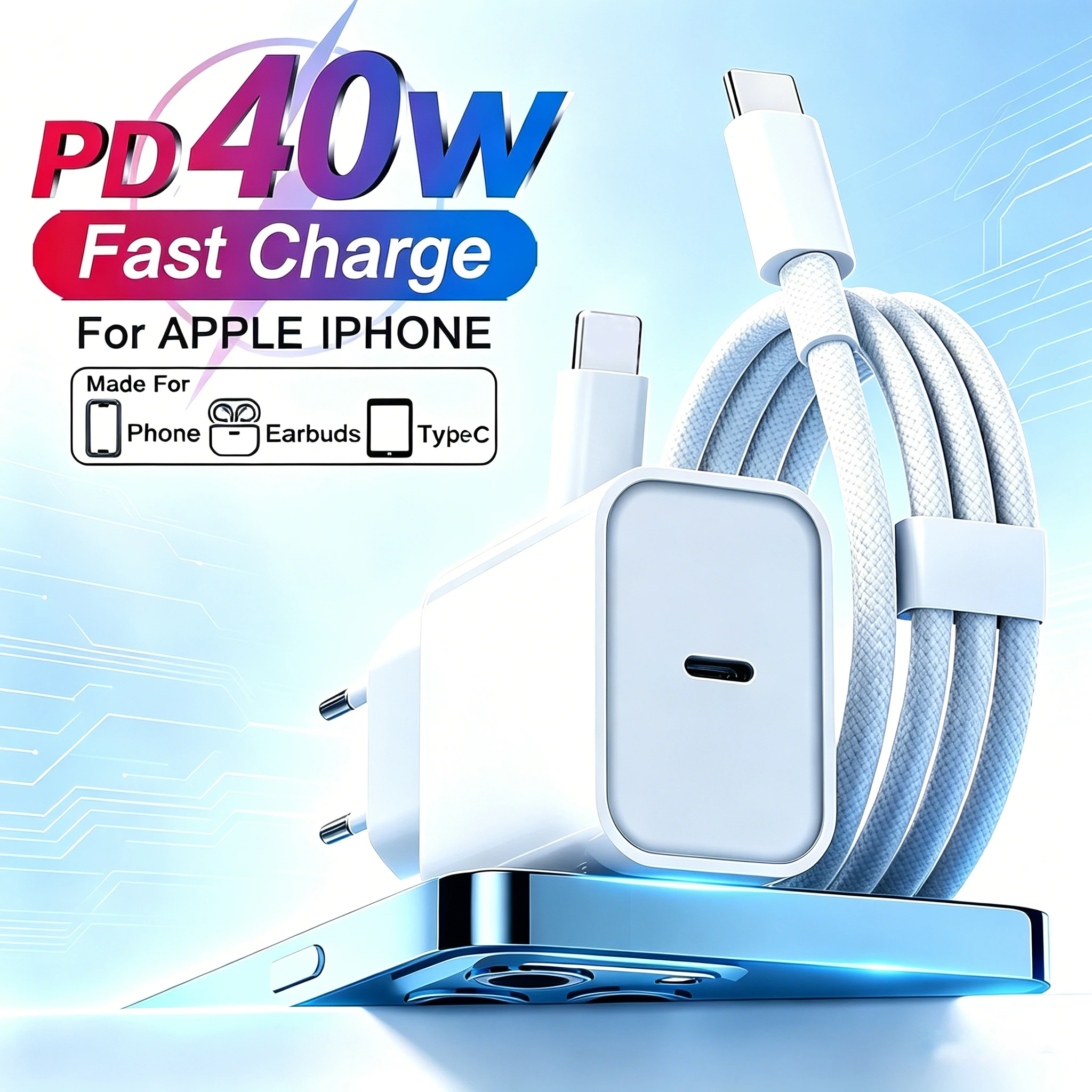 Original PD 40W Fast Charger For iPhone 15 11 12 13 14 16 17 Pro Max USB C Type-C Quick Charging Cable 15 16 Plus Phone Charger