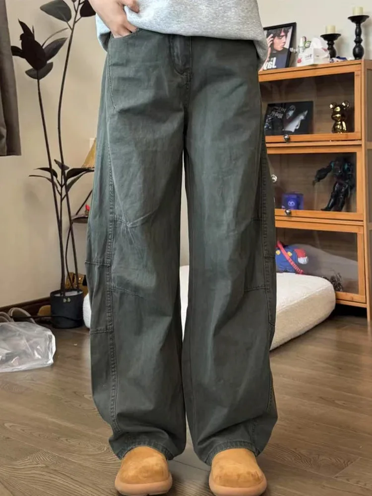 Military Green Washed Cotton Workwear Trousers Men Women Autumn Thin Baggy Knife Jeans American Wide Leg Long Pants