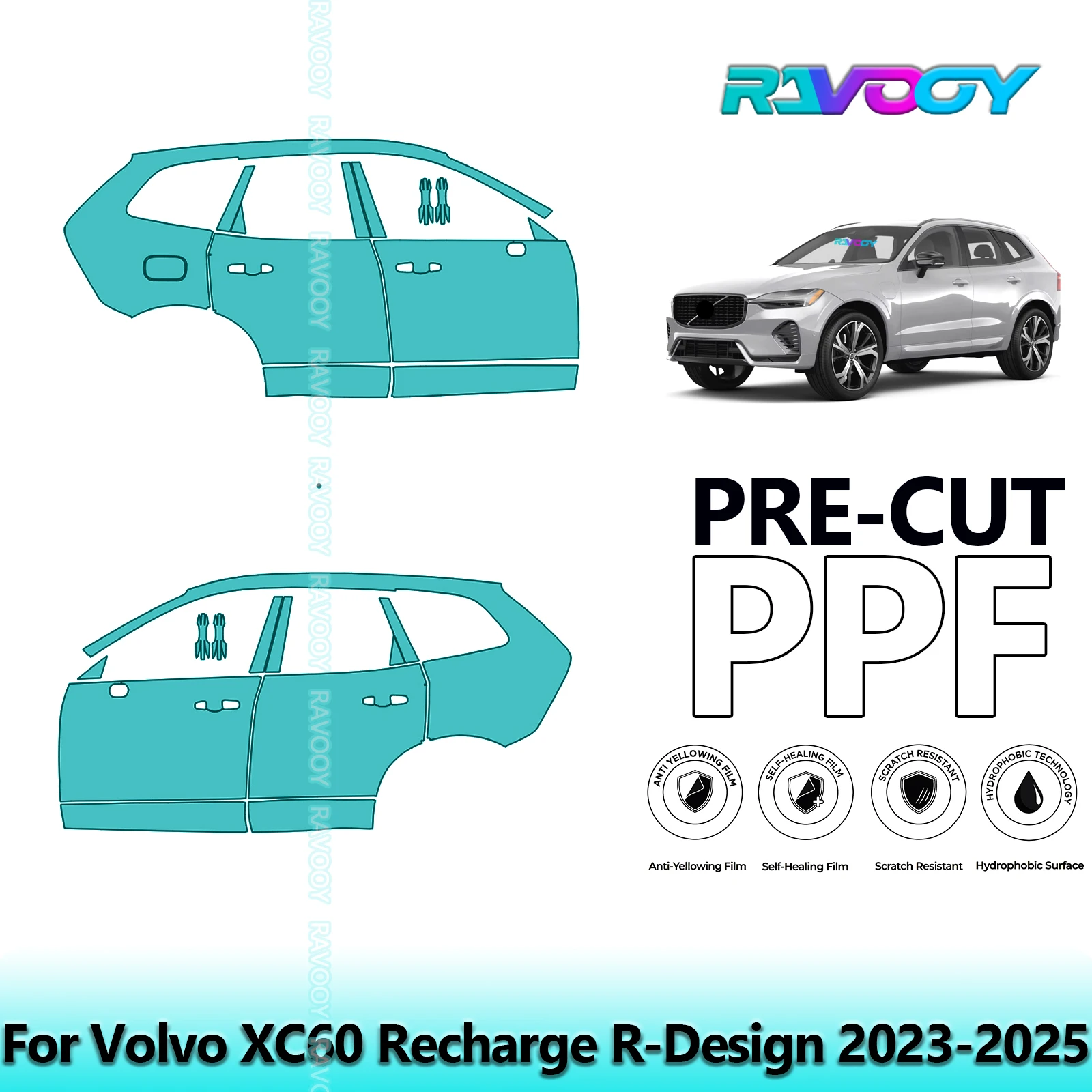 

For Volvo XC60 Recharge R-Design 2023-2025 8.5mil Clear Matte Pre-Cut PPF Door & A/B Pillar Kit TPU Paint Protection Film Set