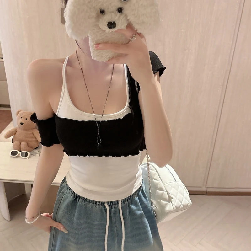 T-shirt estiva Gilet sexy con scollo all'americana + T-shirt a maniche corte con spalle scoperte Set da due pezzi per donna