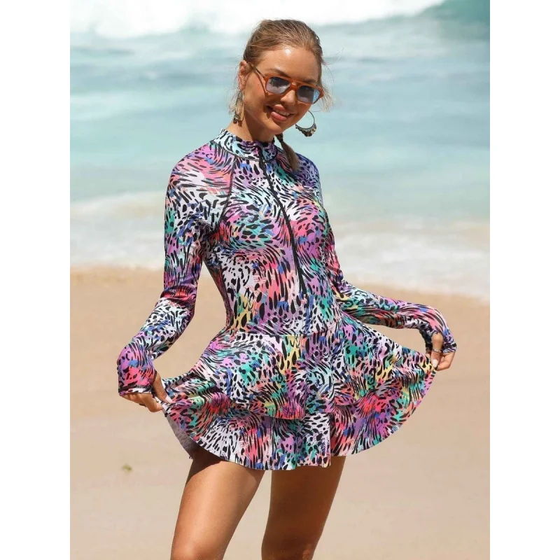 

Leopard Print Front Zip boyleg Long Sleeve One-piece Women Rash Guard Swimsuit With Dress