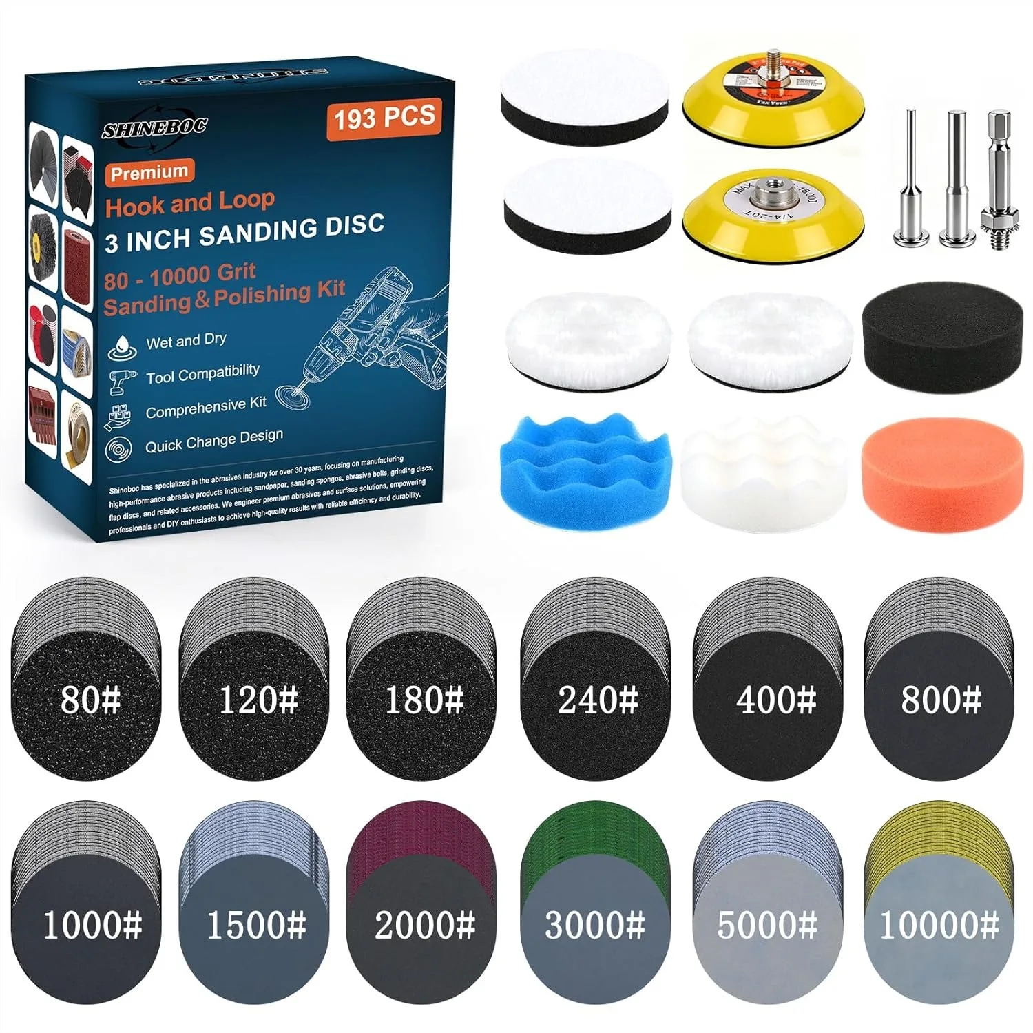 

193Pcs 3 Inch Hook and Loop Sanding Discs, 80-10000 Grit Wet Dry Sandpaper for Headlight Restoration, Metal, Wood, Auto, Glass
