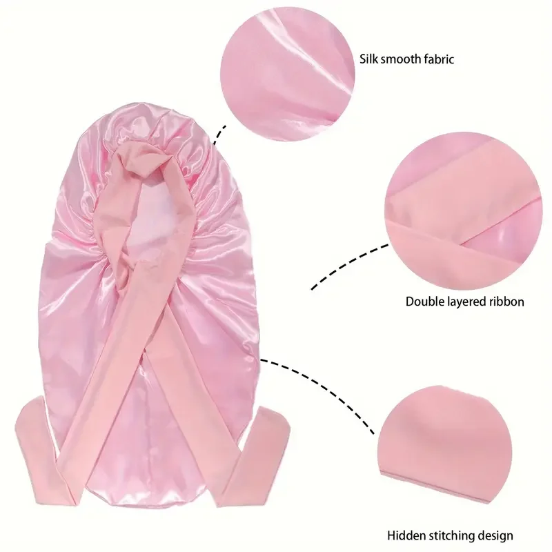 Bowknot Braid Bonnet, Unscented Satin Sleep Cap with Elastic Band and Long Tie for Women - Breathable Night Hair Bonnet