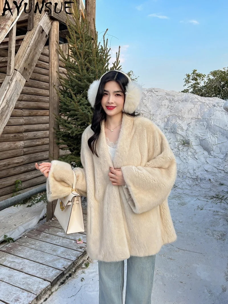 AYUNSUE Genuine Mink Fur Coat Womens Winter Clothes V-Neck Loose Lazy Style Silver Cross Mink Fashion Cape Ladies Real Fur Coat