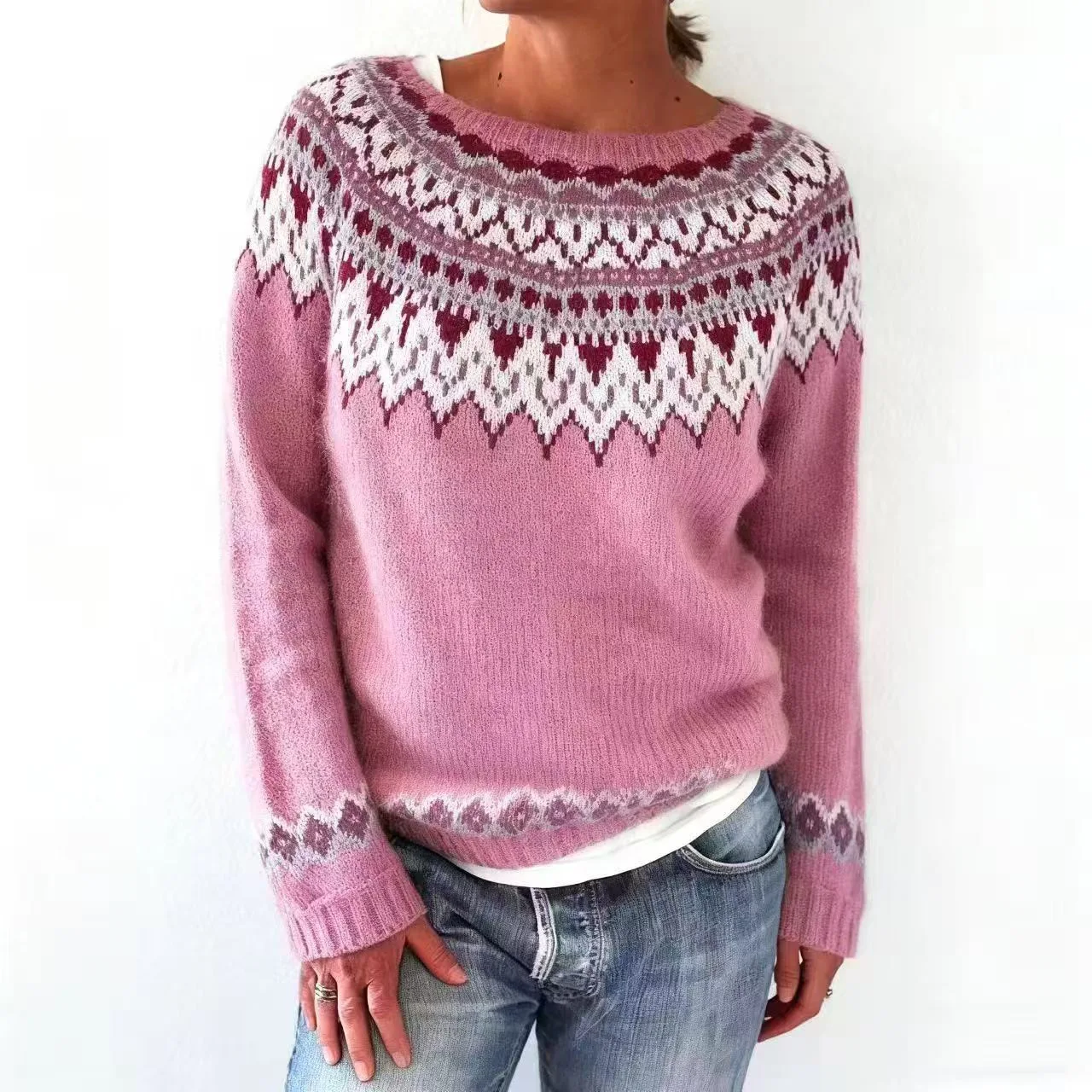 Women Knitting Sweater 2025 New Pink Sweater Women's Fair Isle Jacquard Preppy Style Autumn Winter Knit Pullover