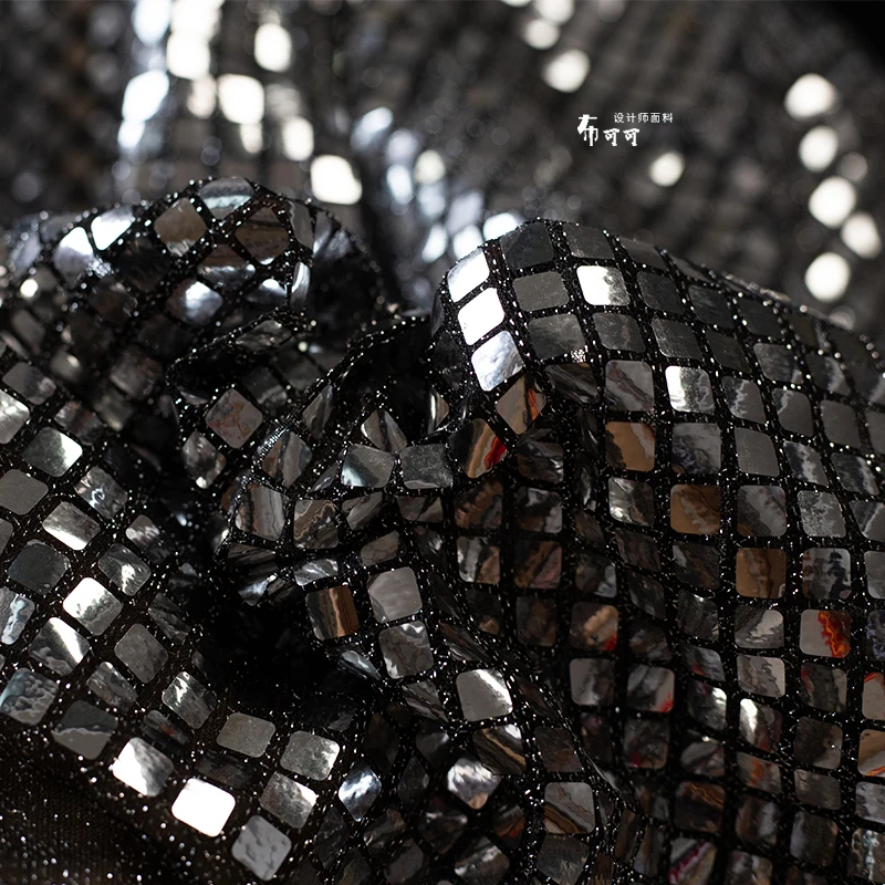 Black and Silver Checkered Checkered Soft Sequin Mirrored Mesh Bottom Reflective European and American Style Clothing Fabric