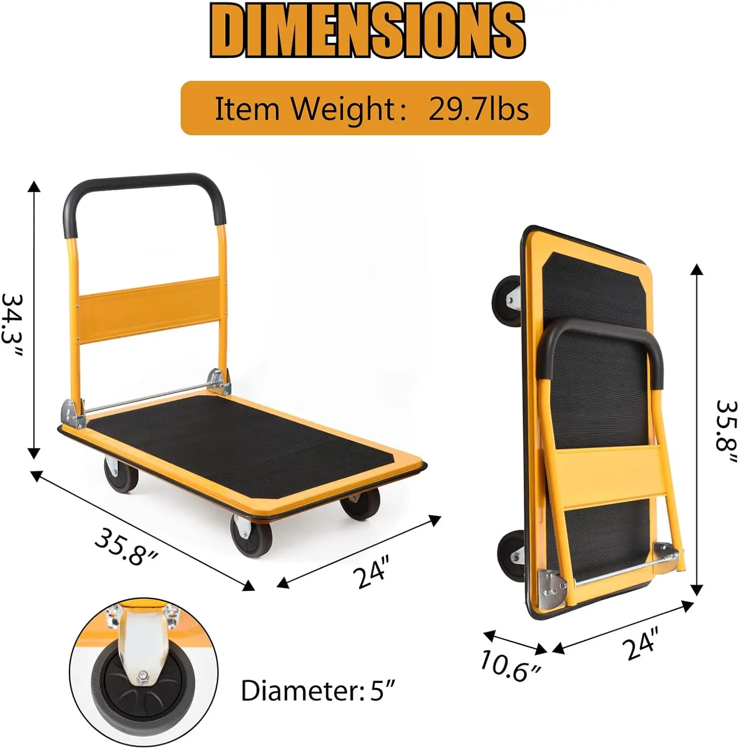 Camión con plataforma, tamaño grande, 880 libras, carrito de empuje plegable, 35,8x24x34,3 pulgadas, amarillo