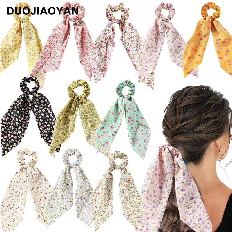 

Fashion Print Chiffon Long Ribbon Scrunchies Women Girls Ponytail Scarf Elastic Hair Bands Ties Hair Accessories Wholesale