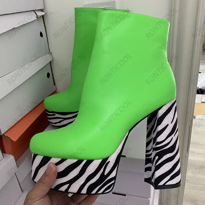 

Ronticool Hot Handmade Women Winter Platform Ankle Boots Chunky Heels Round Toe Gorgeous Zebra Shoes Ladies Plus US Size 5-15