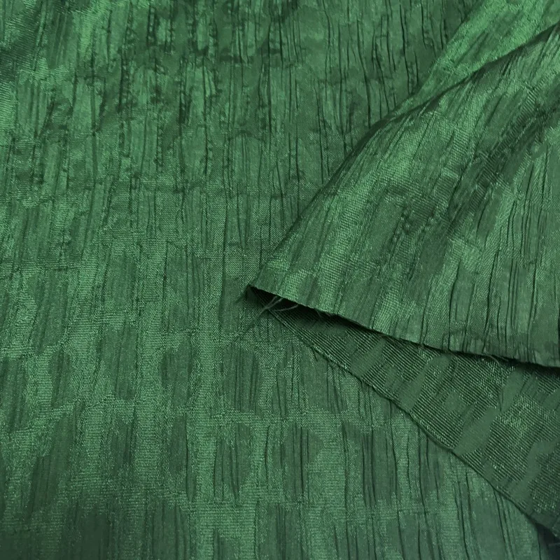 Emerald Green Geometric Jacquard Crinkled Fabric Slight Stretch Lustrous Designer for Trench Coat Dress DIY Fabrics for Sewing