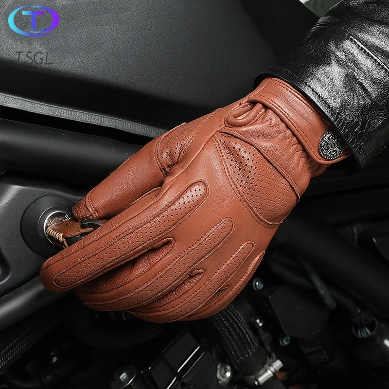 Gants de moto en cuir de mouton véritable, gants de moto vintage, gants noirs chauds, écran tactile, doigt complet, plume, automne