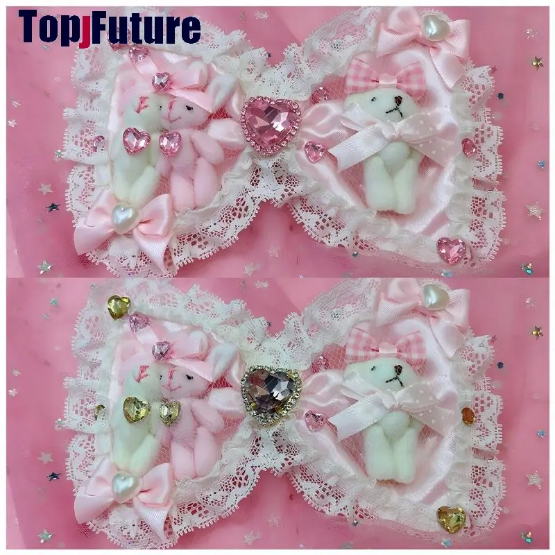 Mars Style Hime Gyaru Y2K Harajuku Sweet Lolita Hair Clips Heart Rhinestone Bunny Bear Party Necklace Bow Lace Hair Accessories