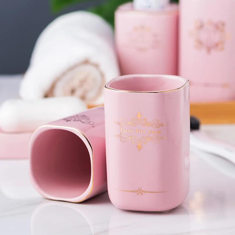 Pink Ceramic Bathroom Set Accessories Lotion Bottle Emulsion Mouthwash Cup Soap Dish Wooden Pallet Wash