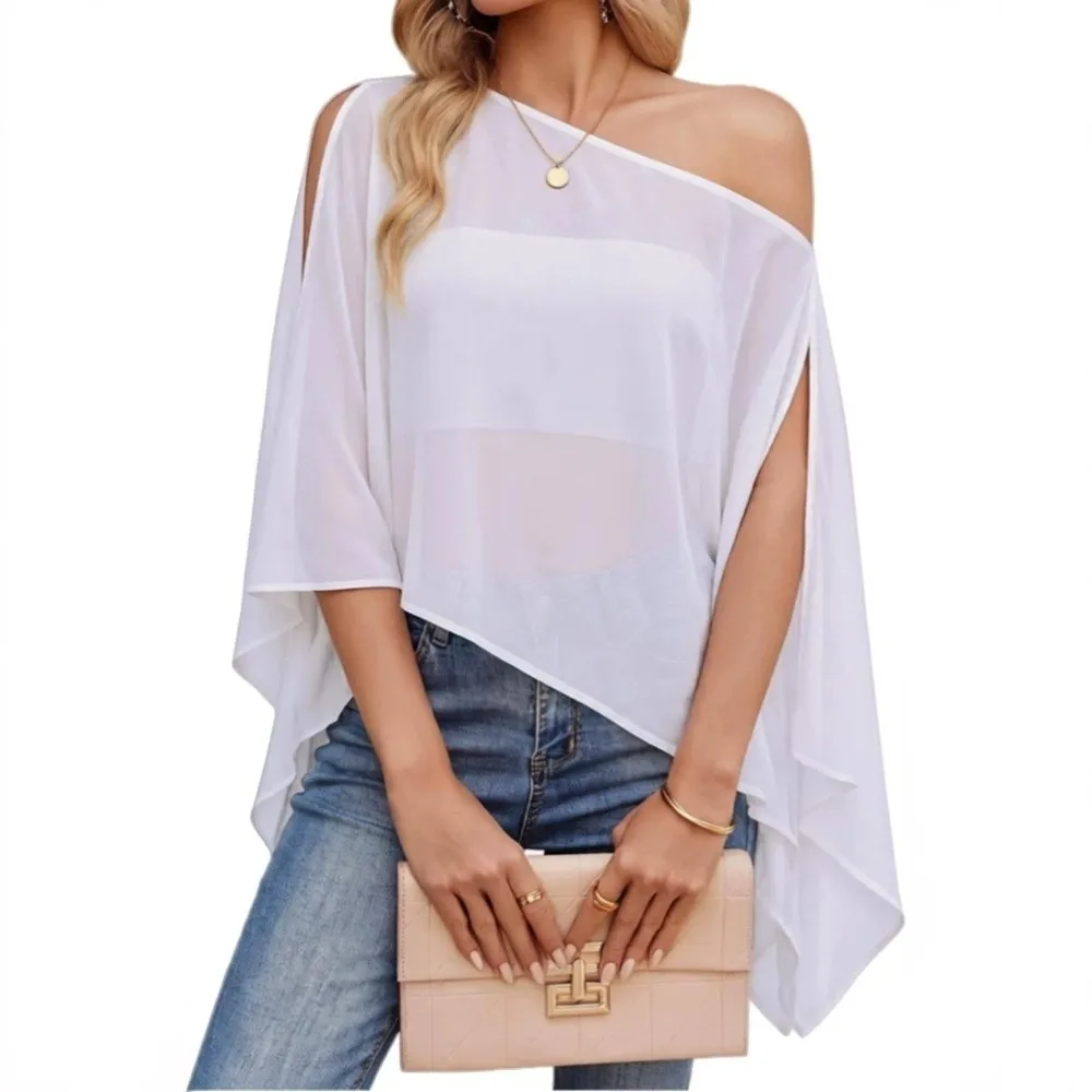 Wrinkle-Resistant Fabric Sun Protection Cover Up Wide Open Asymmetrical Pointed Batwing Sleeve Shirts Cape-Style Draped