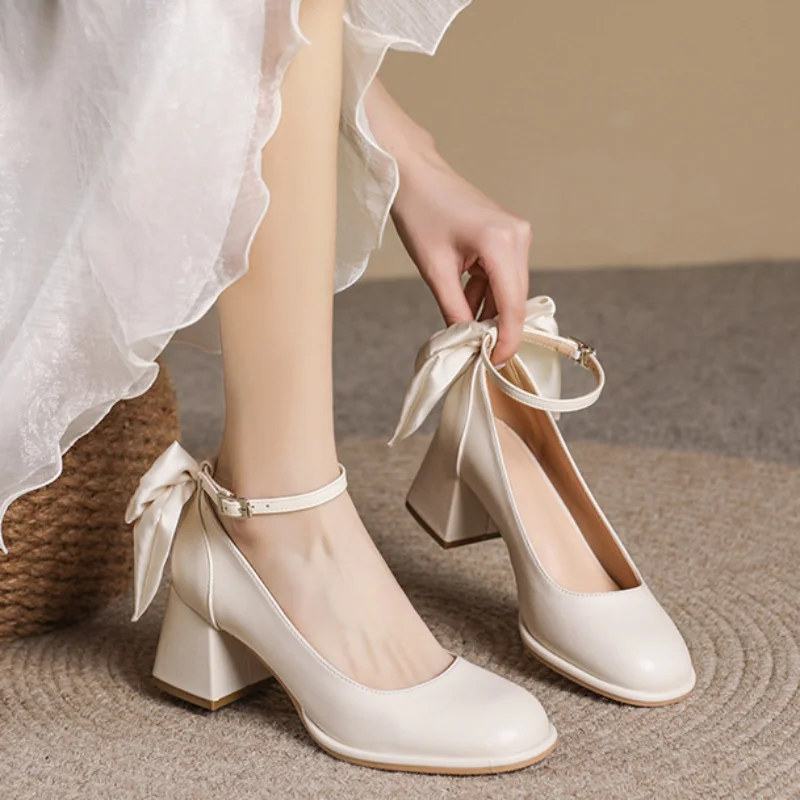 Women Wedding Shoes Sweet Silk Ribbon Bow 5cm Heel Pumps Lady Mary Jane Party Shoes Bridesmaid Lolita Girls Shoes