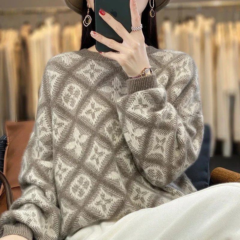 Women's 100% Cashmere Wool Sweater O-Neck Knitted Pullover Soft Comfortable Loose Top for Female Korean Fashion Autumn Winter Ne