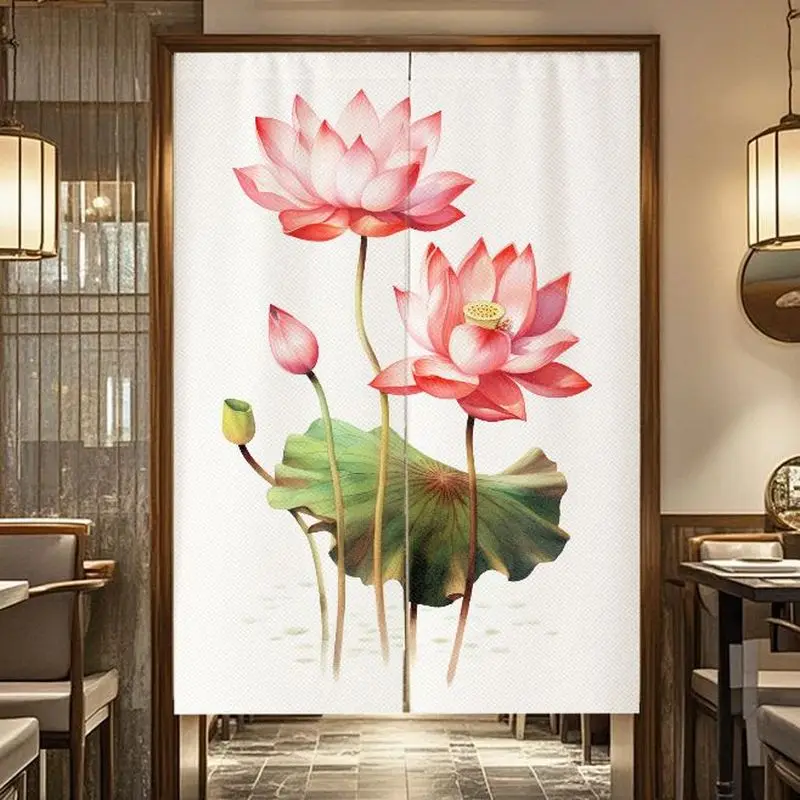 VIKAMA Chinese Lotus Flower Noren Door Curtain Oriental Ink Painting Water Lily Partition Curtain Tea House Restaurant Decor