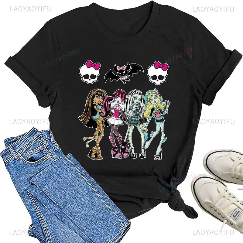 Frankie Stein Draculaura Kawaii Cartoon Graphic Women Cotton T-shirt Streetwear Hipster Monster High T Shirt Fashion Unique Tees