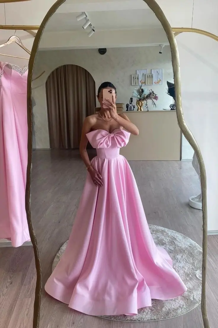 Beautiful Light Pink A-line Satin Long Formal Party Dresses With Cute Bow Strapless Women Maxi Gowns Custom Made Robe