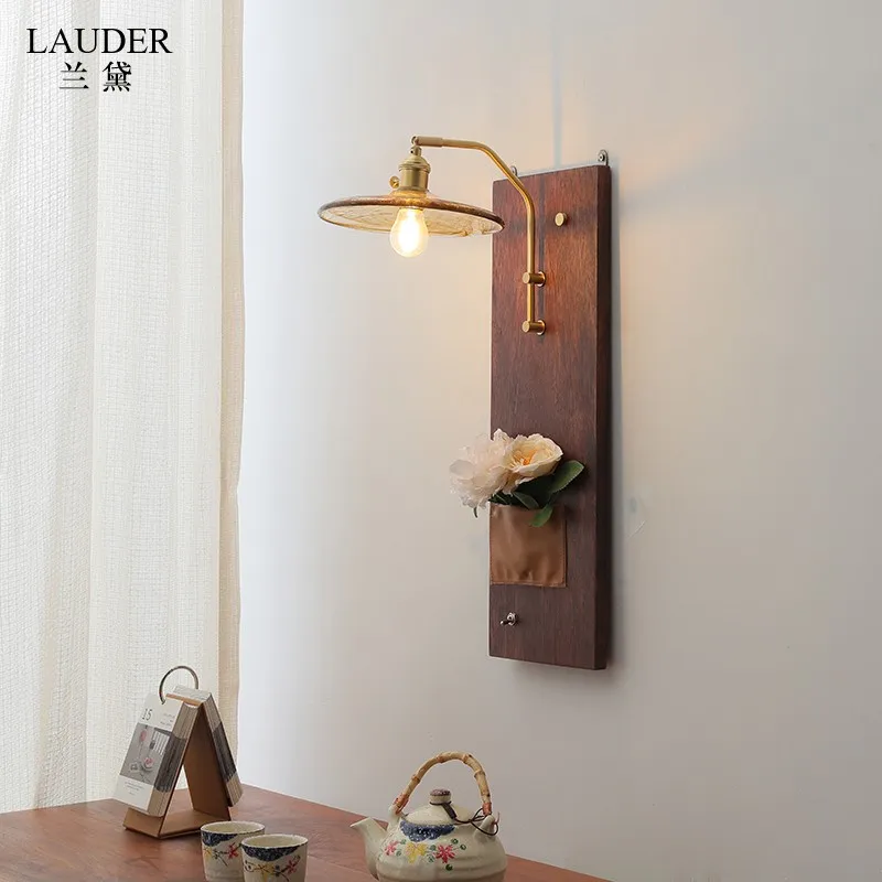 Medieval wabi sabi niche retro living room bedroom bedside entrance aisle bed and breakfast cafe wood panel wall lamp