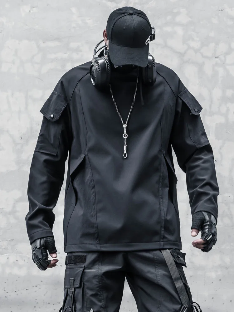 Trendy Oversized Fleece Lined Hoodie Men's Autumn Winter Dark Series Splicing Loose Function Core Male Youth round Neck Sweat...