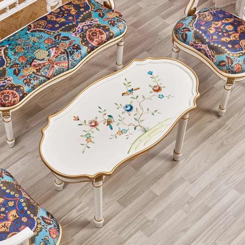 Ivory White Chair and Oval Coffee Table Set Living Room Furniture with Hand Painted Flowers and Birds Pattern Single or