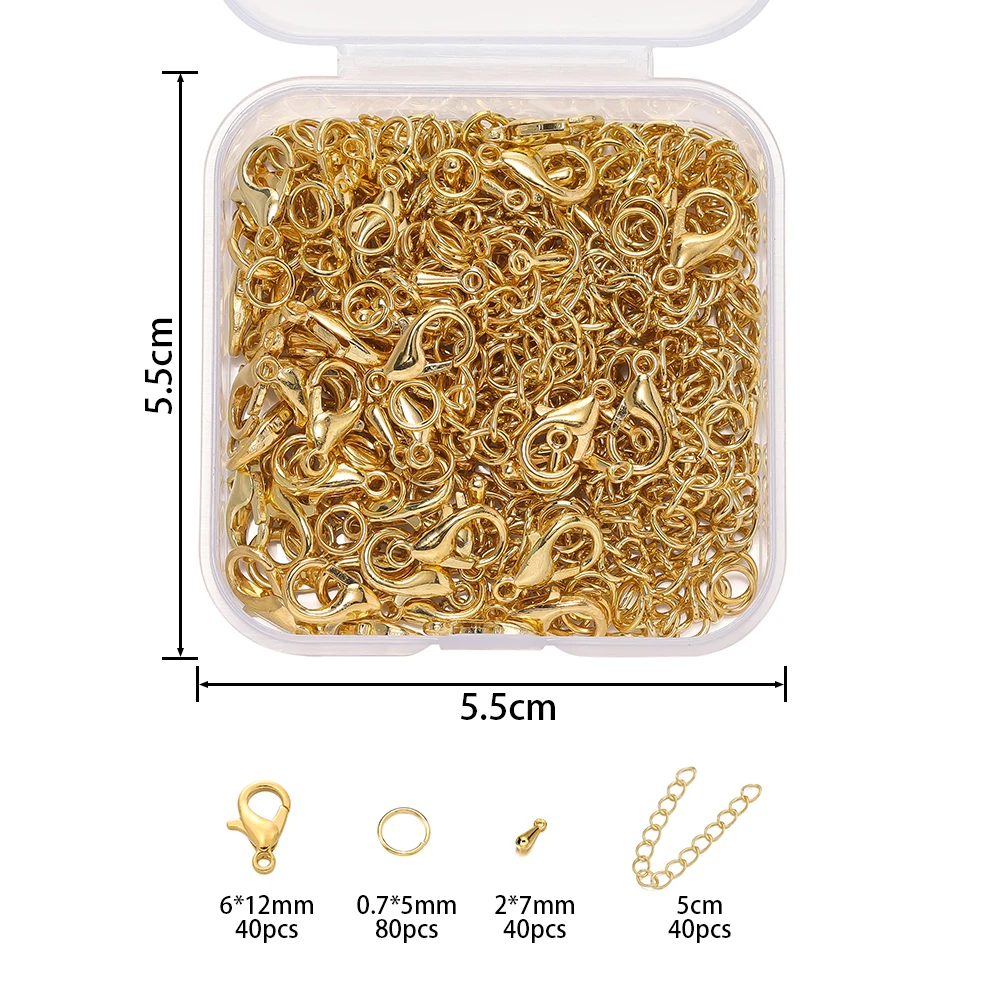 200pcs/Box Lobster Clasp Open Jump Rings Extension Chain Water Drop End Pendants Connector for DIY Jewelry Making Findings Kits