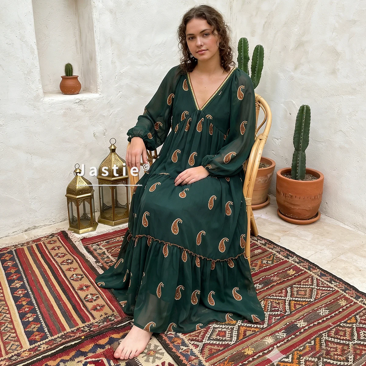 Vestido Maxi Bohemio con Estampado Paisley para Mujer, Cuello en V, Manga Farol, Vestidos Largos de Playa, Verano 2026, Estilo Étnico Hippie Gypsy Chic