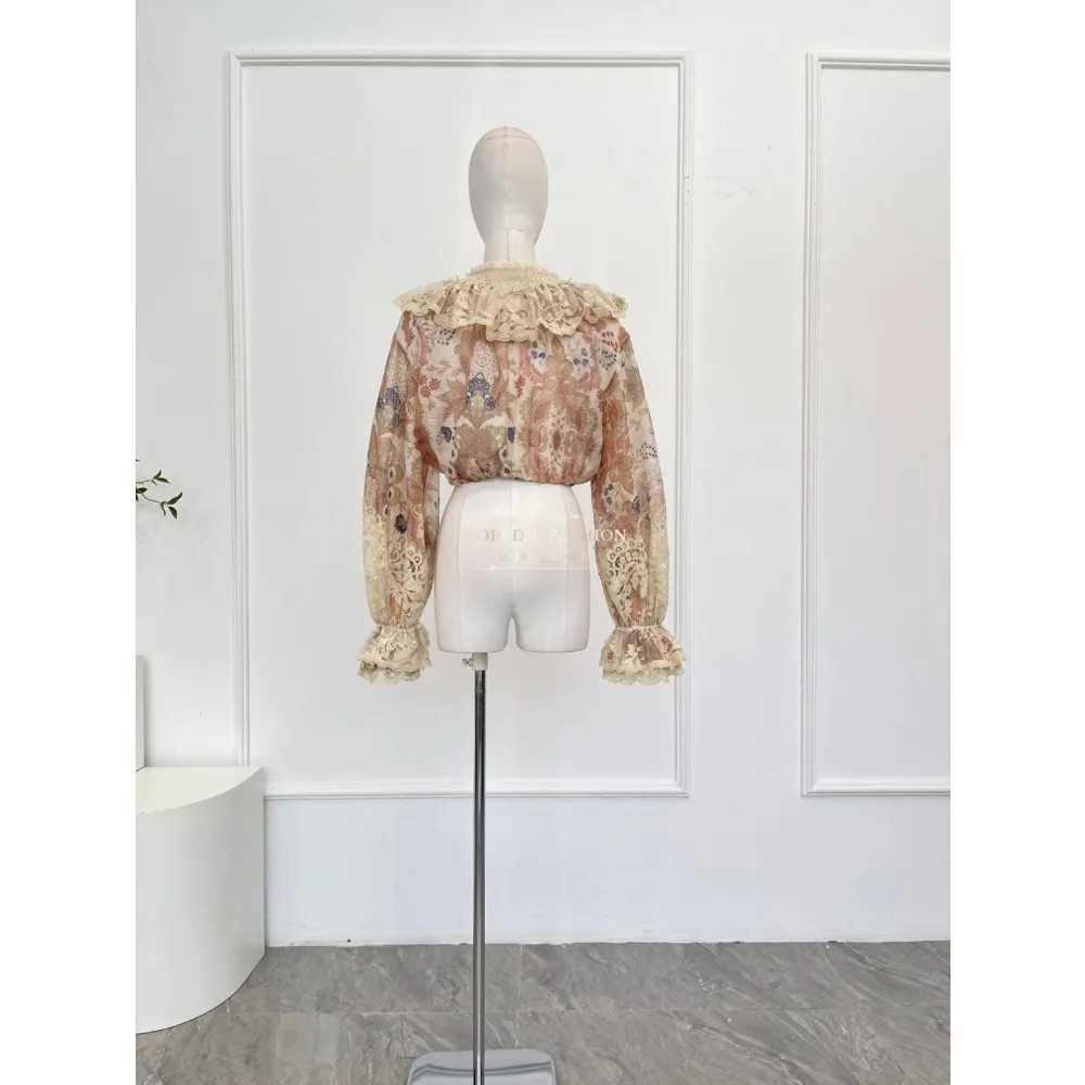 

2025 Новая мода бежевого цвета с цветочным принтом, кружевная блузка с длинными рукавами и v-образным вырезом, комплект из юбки миди с неровным подолом