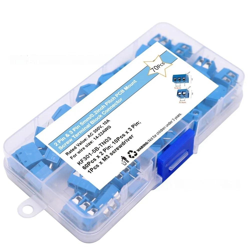70PCS KF301 2핀 및 3핀 나사식 터미널 블록 커넥터, PCB 장착용 5mm 피치, 14-22AWG 와이어 지원, AC300V 10A