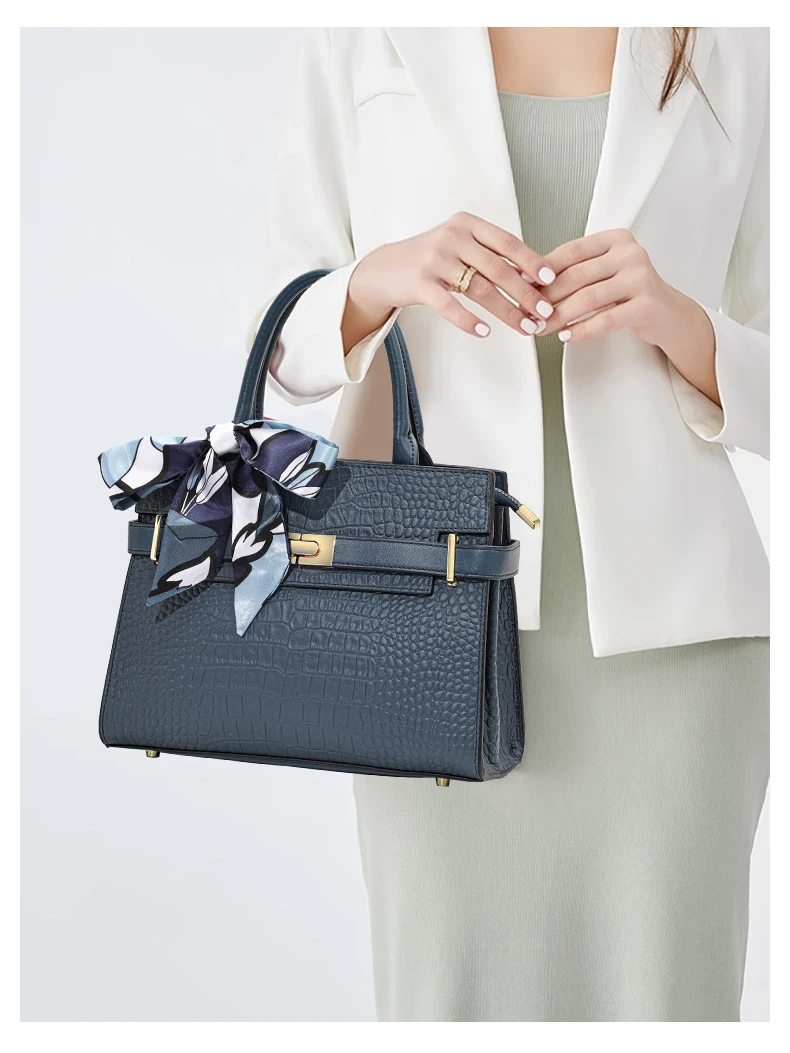 Echte Leder-Handtasche für Damen, Umwandelbar für Umhänge- und Schultertrage, mit Seidenschal, Krokodilmuster-Tragetasche – Detail 2
