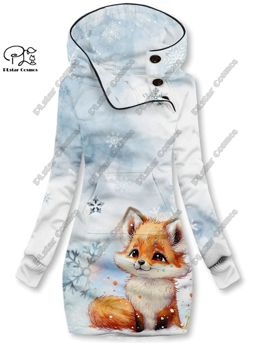 3D printing Christmas snowflake animal series cute fox pattern special collar women\'s long sweater dress casual and warm