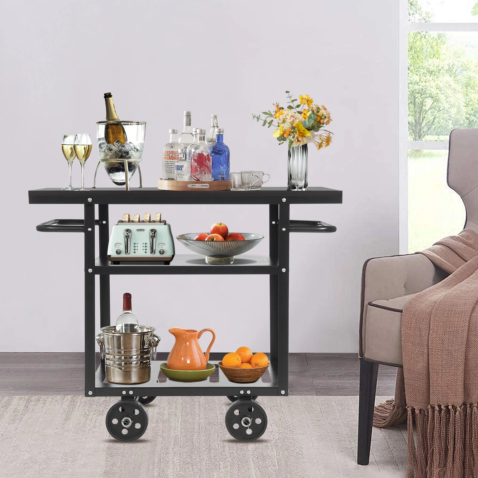 عربة بار دوارة مقاس 4.7 بوصة، عربة تقديم متنقلة صناعية مع مساحة تخزين، عربة تخزين المطبخ لغرف التخزين