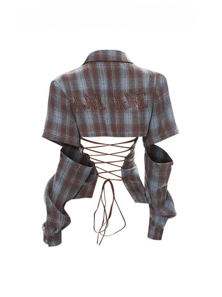 

Women's Vintage Casual Gyaru Fashion Plaid Print Backless Shirts Hotsweet Lace-up Turn-down Collar Long Sleeve Coquette Blouses