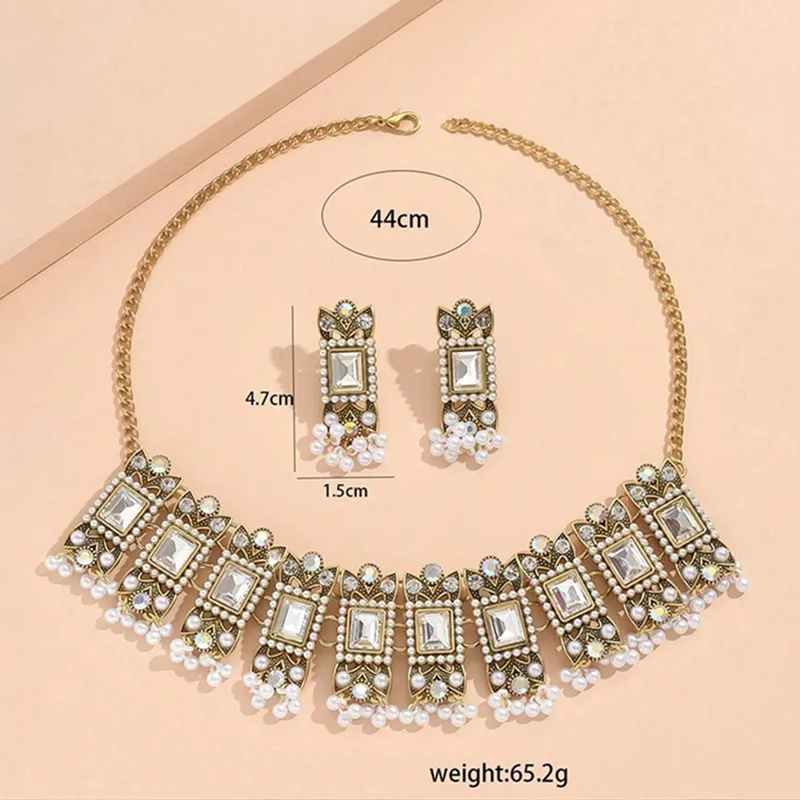 Kymyad Ethnic Geometric Glasses Beads Chunky Necklace Earrings For Women Vintage Simulated Pearl Beads Decoration Jewelry Sets
