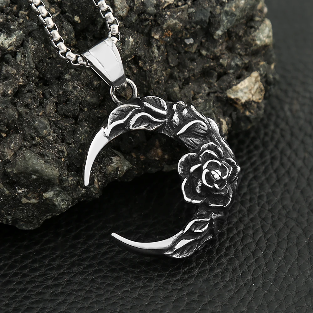 Punk Vintage 316L Stainless Steel Moon And Night Pendant With Rose For Men Women Biker Fashion Creative Jewelry Gifts Wholesale