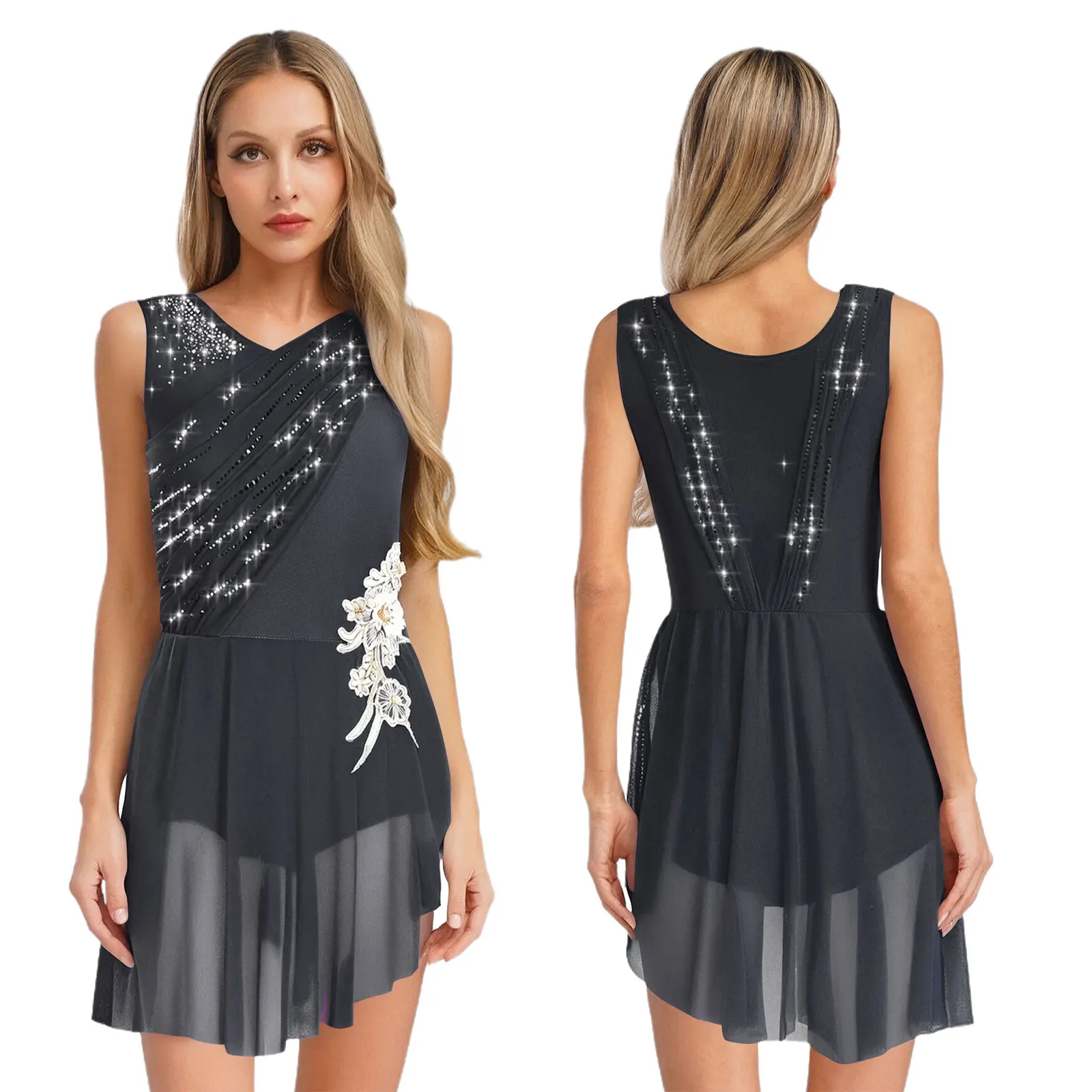 

Women Skating Dress Lyrical Modern Dance Dress Sleeveless Rhinestones Ruched Mesh Overlay Figure Skating Performance Dancewear