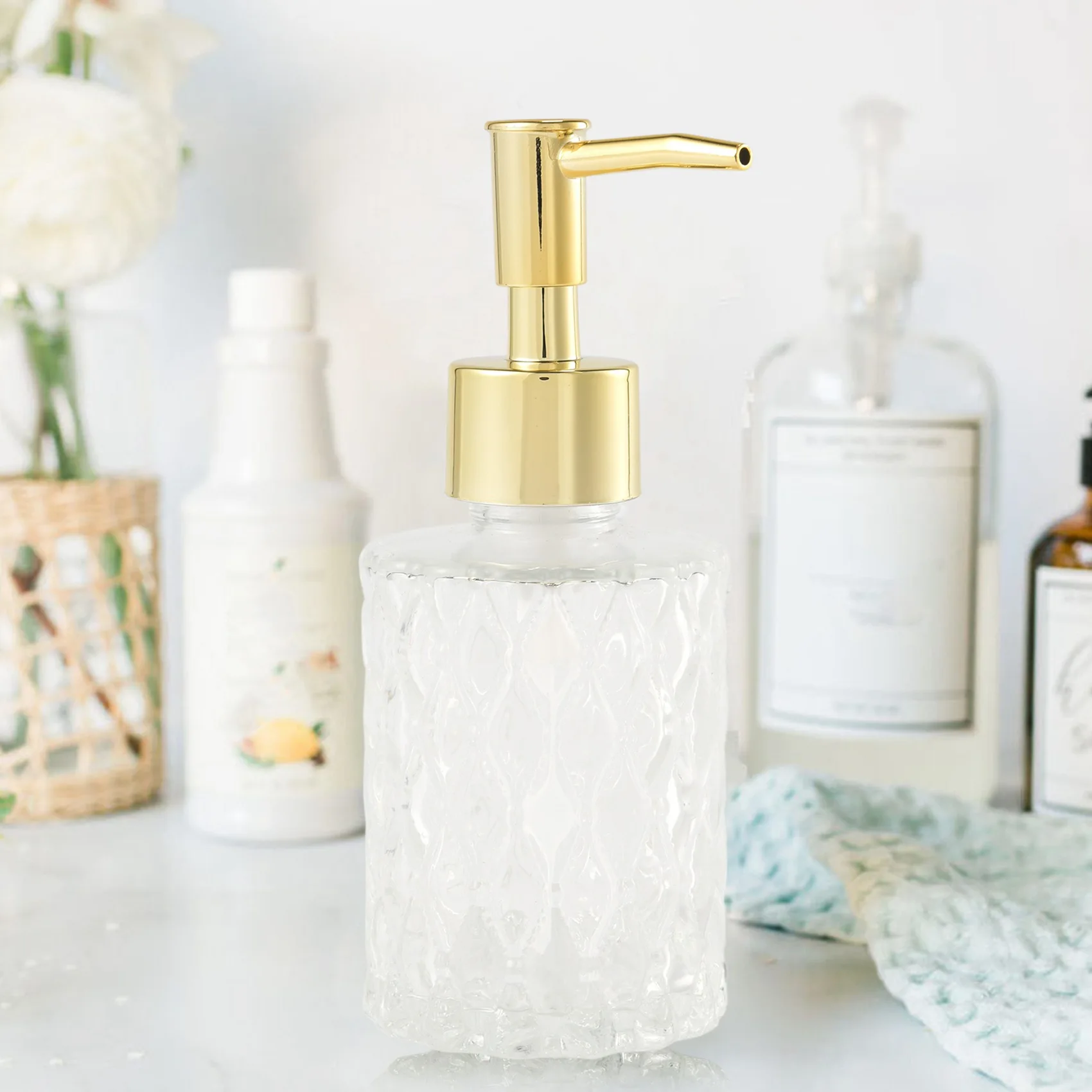 Multipurpose Mesa Soap Dispenser Easy To Clean Glass Soap Pump Dispenser Perfect For Kitchen And Bathroom (Gold)-AB52