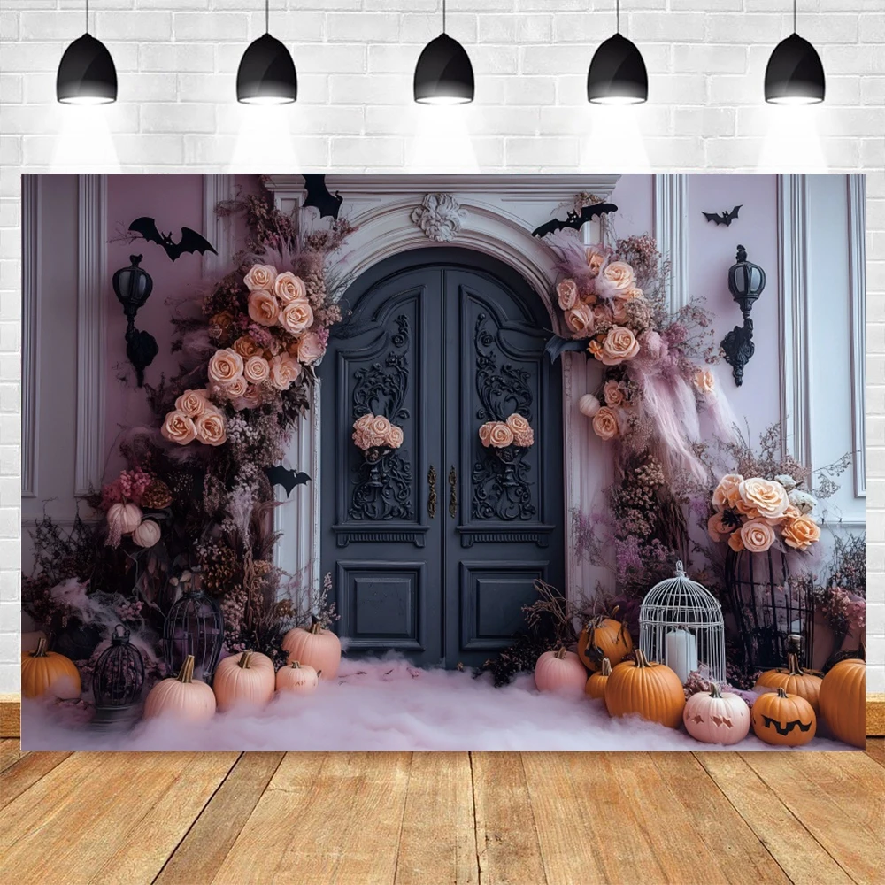 Fondo de pared Interior rosa para fotografía de Halloween, pared de palacio de Castillo, puerta de madera, retrato de niños, accesorios de fotozona
