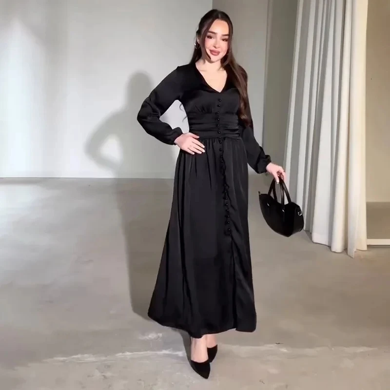 

2026 Spring New Fashion Elegant Pure Color Long Sleeve V Neck Multi Button Pleated Waist Dress Women
