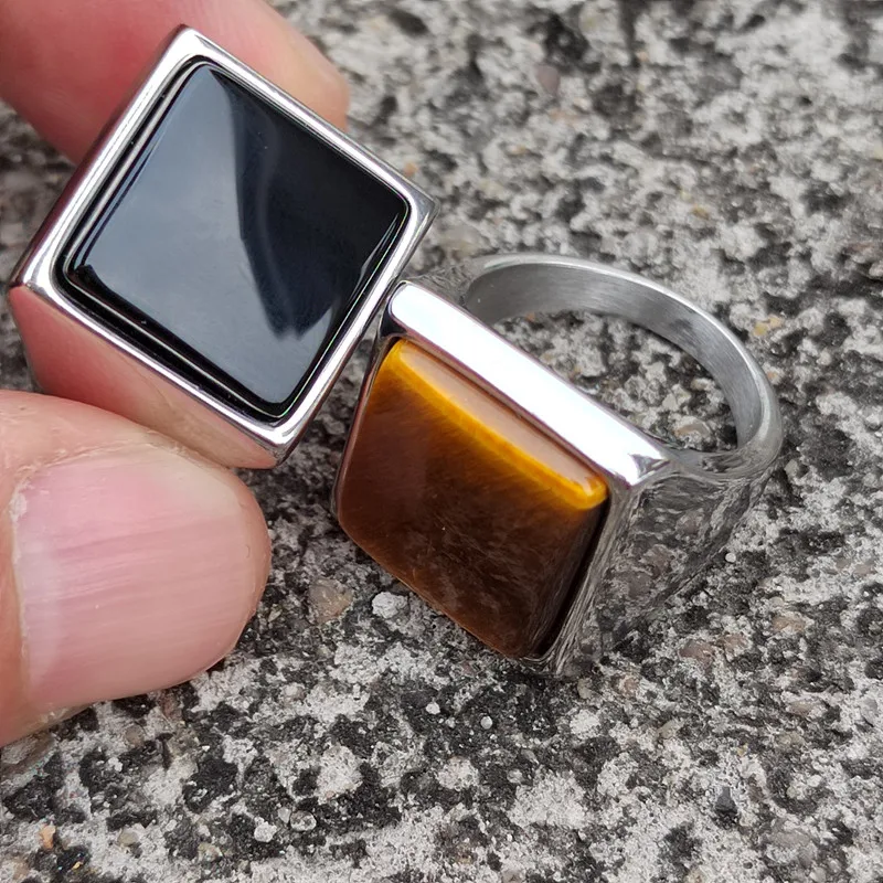 Classic Large Square Onyx Tiger Eye Rings Simple Geometric Men Stainless Steel Anniversary Jewelry Gift for Husband Boyfriend