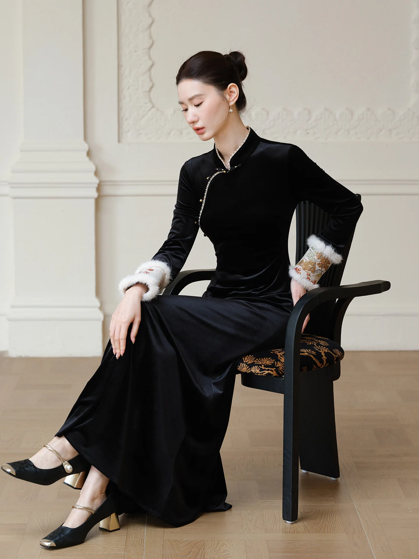 

Новое китайское бархатное платье для женщин с длинными рукавами, украшенное стразами, в винтажном стиле, для повседневной носки