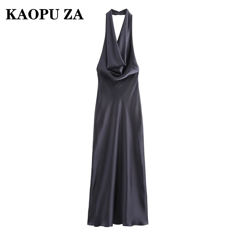 KAOPU ZA 2024 Sommer Frau Casual Einfarbig Ärmellose Satin Kleider Top Weibliche Mode Halter Kragen V-kragen Kleid Maxi Rock