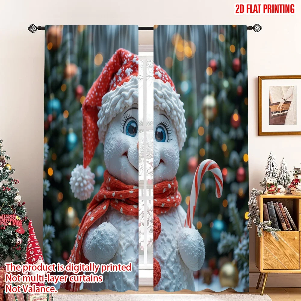 

2pcs 2D flat printing Christmas Curtains Cute Snowman Christmas Winter Scene Polyester Without Electricity Family Party Perfect