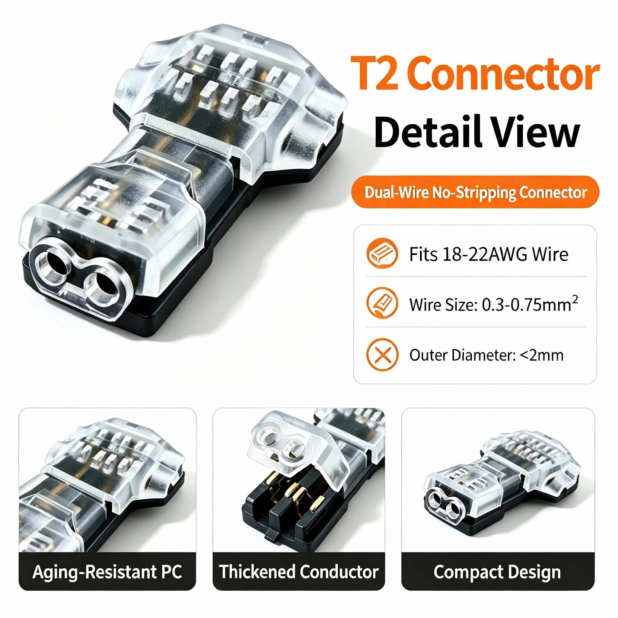 10/50/100PCS T2 Snap‑in Wire Cable Connector No‑solder No‑peel Quick Terminal Block Auto Wire Joiner Plug Fast Wiring Accessorie