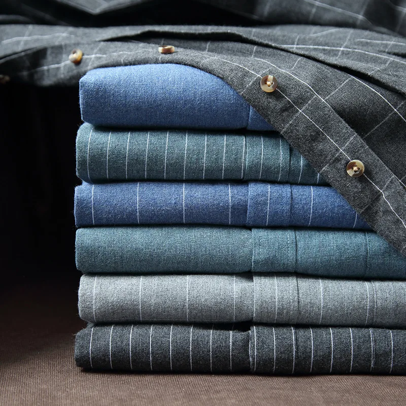 2025 Spring and Autumn New Polished Shirt Men's Casual Flannel Striped Color Spinning Trend Solid Color Cardigan Lapel Shirt